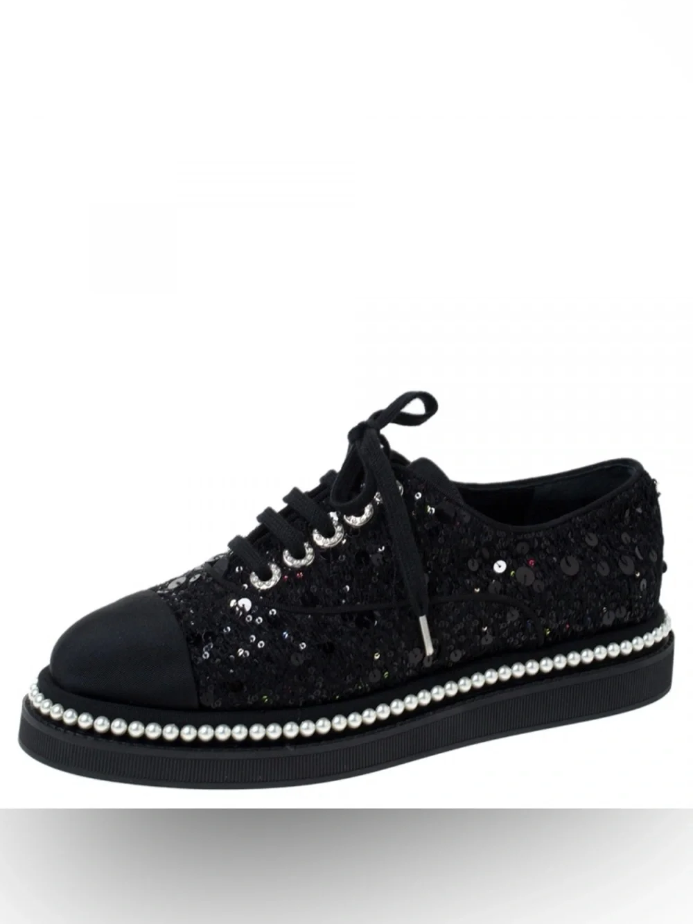 Chanel Black Tweed Sequins Lace Up Pearl Sneaker Shoes Size 37 /US 7 Auth.